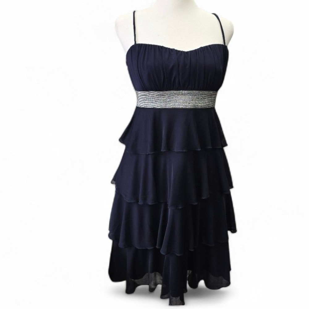 Sweet Storm Navy Blue Tiered Dress Glitter Waist Spaghetti Straps Party